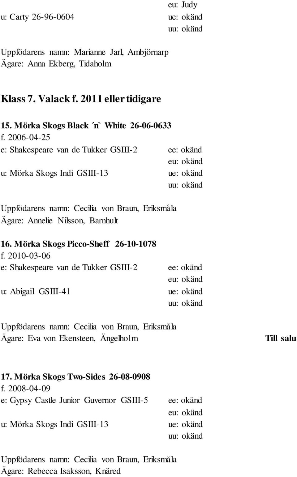 2006-04-25 e: Shakespeare van de Tukker GSIII-2 ee: okänd Ägare: Annelie Nilsson, Barnhult 16. Mörka Skogs Picco-Sheff 26-10-1078 f.