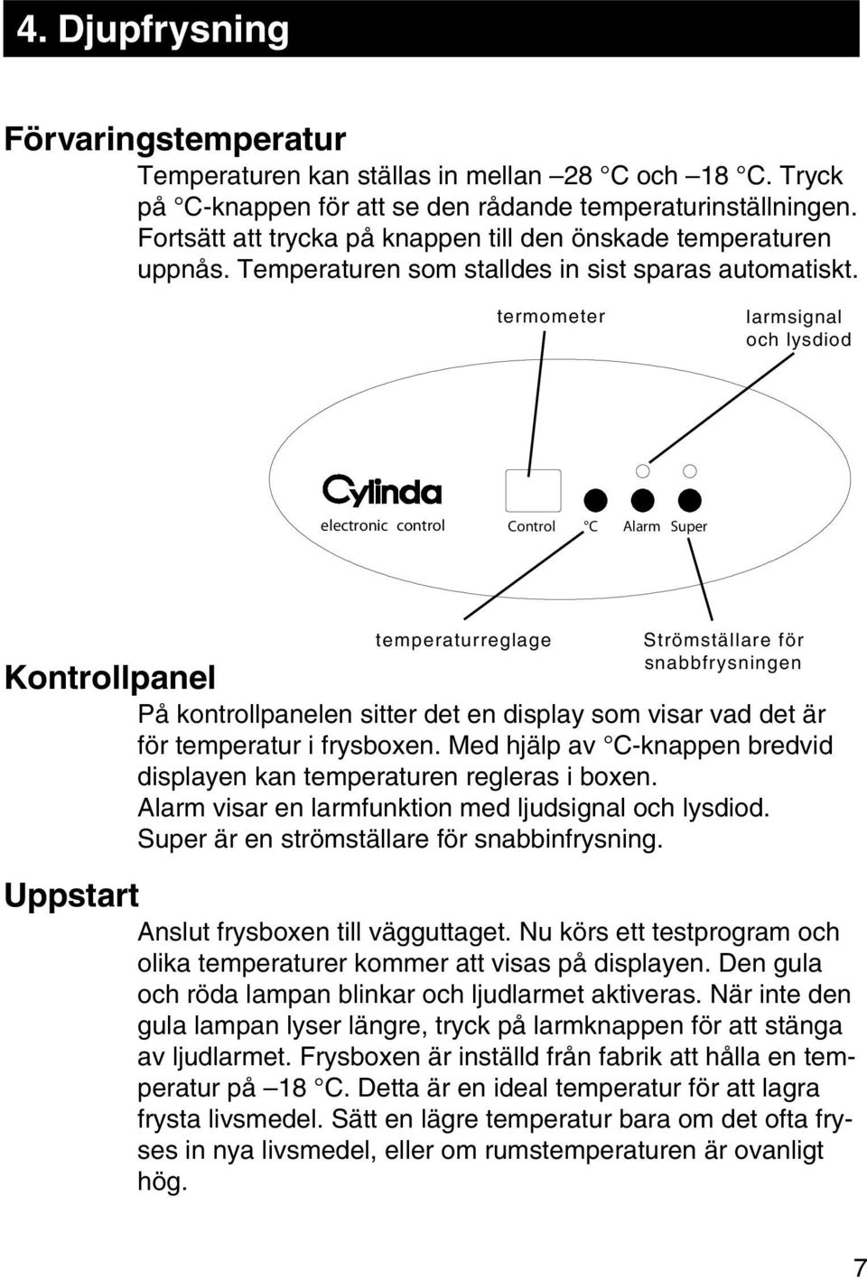 termometer larmsignal och lysdiod electronic control Control C Alarm Super temperaturreglage Strömställare för snabbfrysningen Kontrollpanel På kontrollpanelen sitter det en display som visar vad det