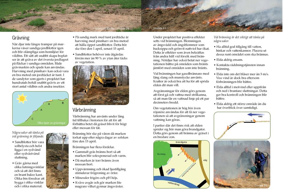 Harvning med pinnharv kan också vara en bra metod om jordtäcket är tunt. I de sandytor som gjorts i projektet har hundratals bohål snabbt grävts av ett stort antal vildbin och andra insekter.