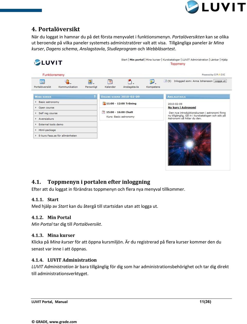 Toppmenyn i portalen efter inloggning Efter att du loggat in förändras toppmenyn och flera nya menyval tillkommer. 4.1.1. Start Med hjälp av Start kan du återgå till startsidan utan att logga ut. 4.1.2.