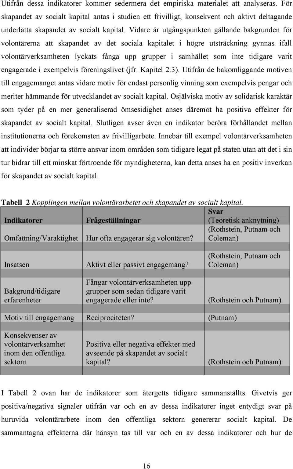 Vidare är utgångspunkten gällande bakgrunden för volontärerna att skapandet av det sociala kapitalet i högre utsträckning gynnas ifall volontärverksamheten lyckats fånga upp grupper i samhället som