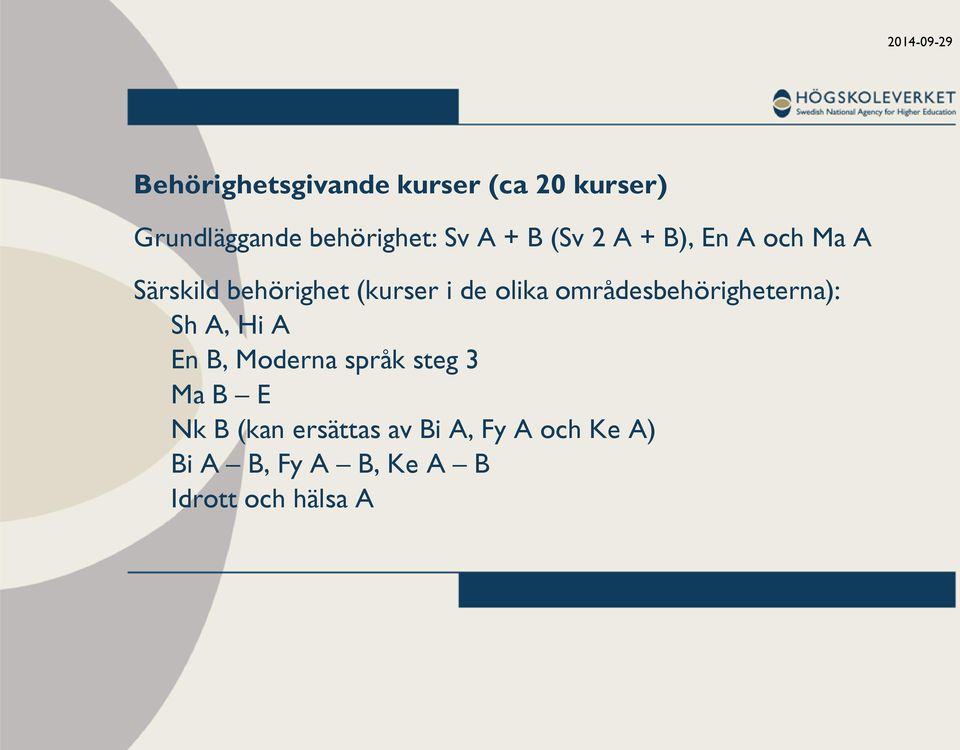 områdesbehörigheterna): Sh A, Hi A En B, Moderna språk steg 3 Ma B E Nk B