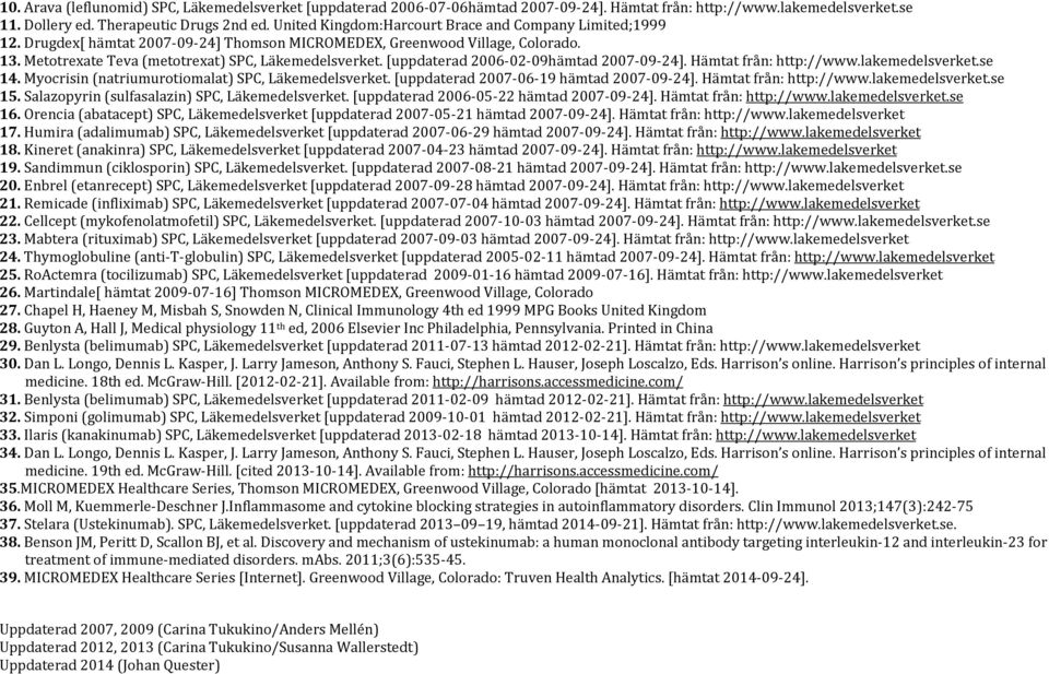 [uppdaterad 2006-02-09hämtad -09-24]. Hämtat från: http://www.lakemedelsverket.se 14. Myocrisin (natriumurotiomalat) SPC, Läkemedelsverket. [uppdaterad -06-19 hämtad -09-24]. Hämtat från: http://www.lakemedelsverket.se 15.