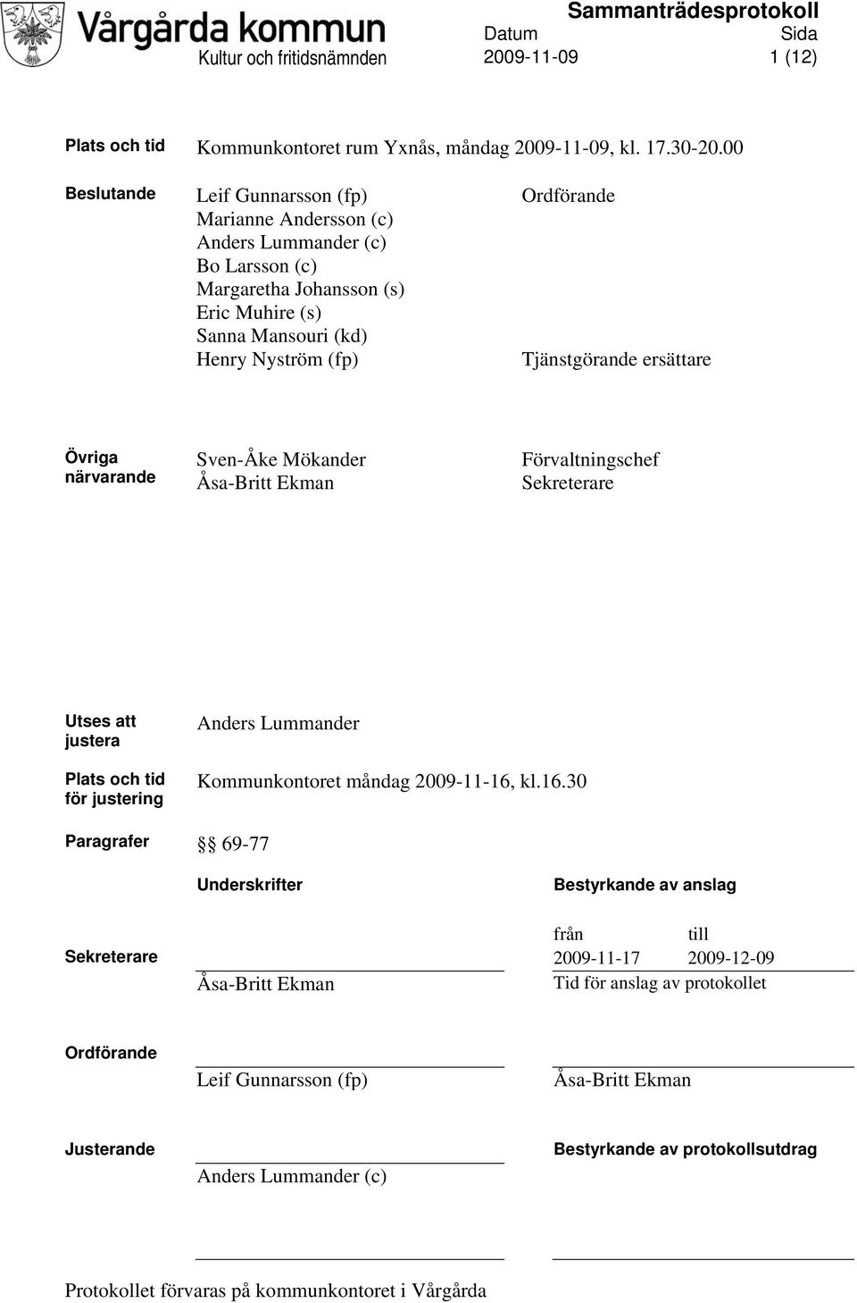 ersättare Övriga närvarande Sven-Åke Mökander Åsa-Britt Ekman Förvaltningschef Sekreterare Utses att justera Anders Lummander Plats och tid för justering Kommunkontoret måndag 2009-11-16,