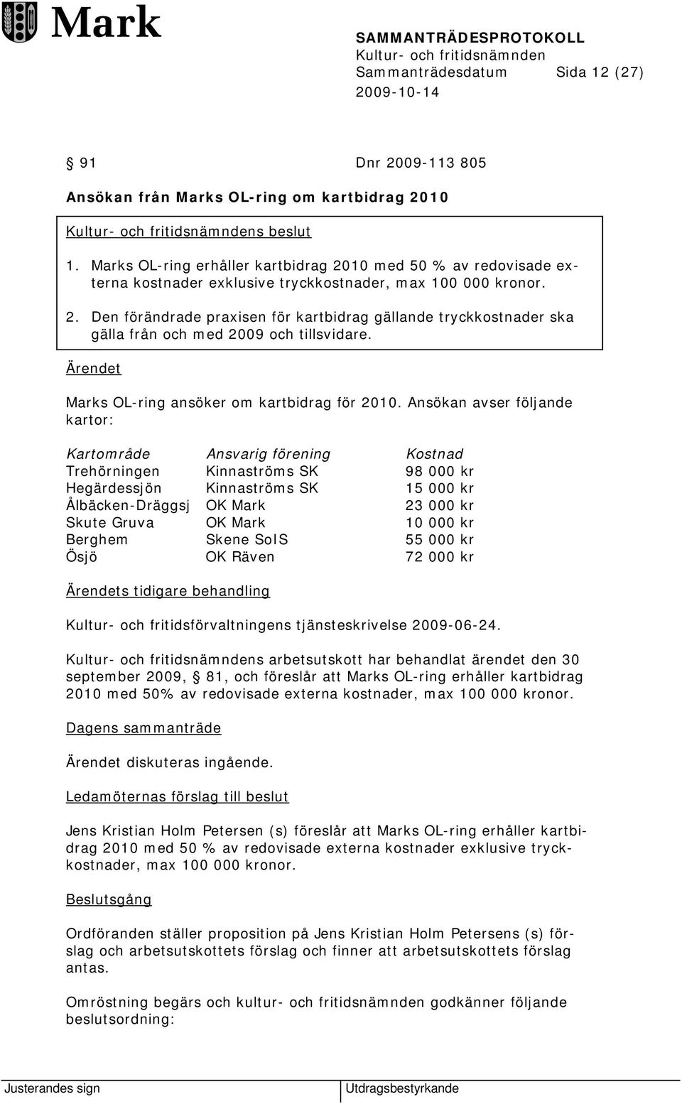 Ärendet Marks OL-ring ansöker om kartbidrag för 2010.