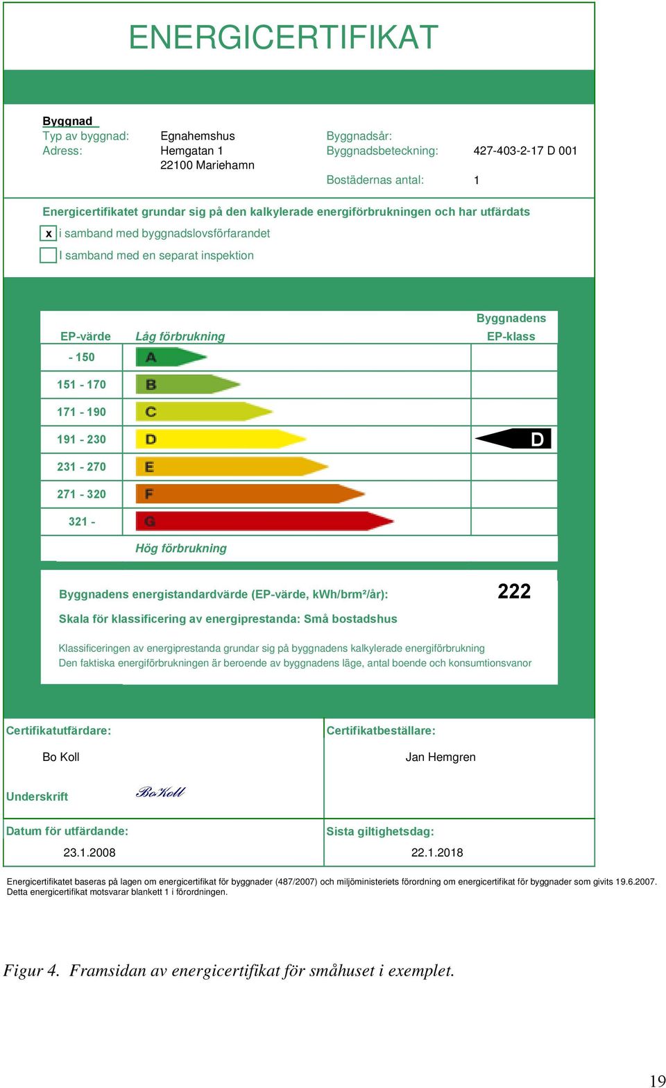 förbrukning Hög förbrukning Byggnadens EP-klass BD Byggnadens energistandardvärde (EP-värde, kwh/brm²/år): 222 Skala för klassificering av energiprestanda: Små bostadshus Klassificeringen av