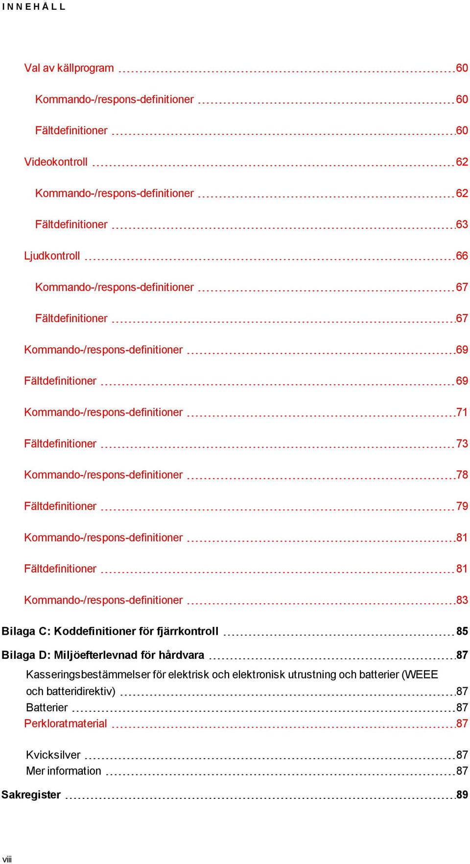 Kommando-/respons-definitioner 78 Fältdefinitioner 79 Kommando-/respons-definitioner 81 Fältdefinitioner 81 Kommando-/respons-definitioner 83 Bilaga C: Koddefinitioner för fjärrkontroll 85