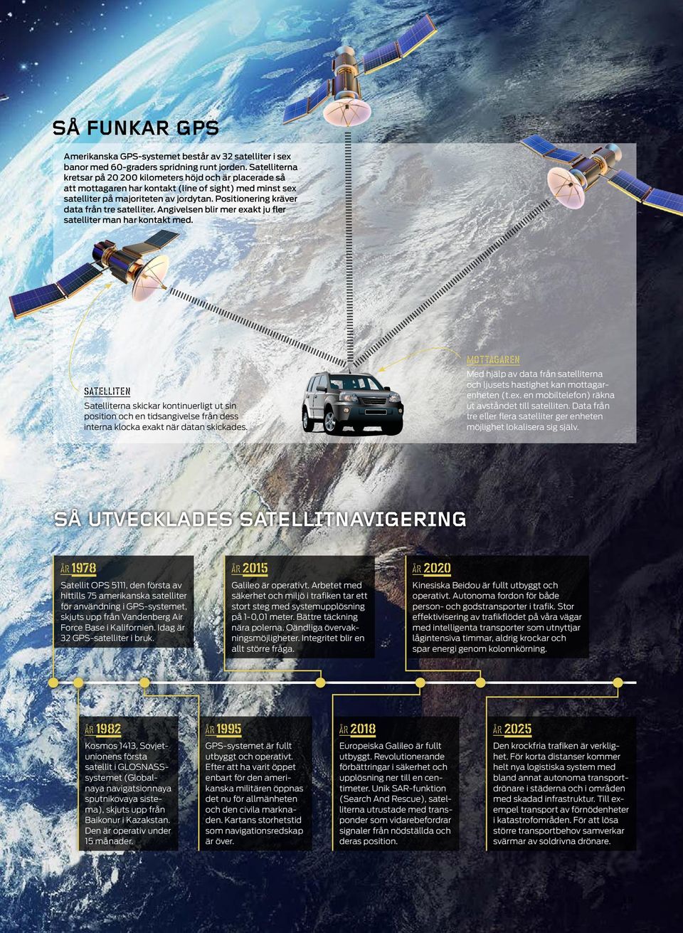 Positionering kräver data från tre satelliter. Angivelsen blir mer exakt ju fler satelliter man har kontakt med.