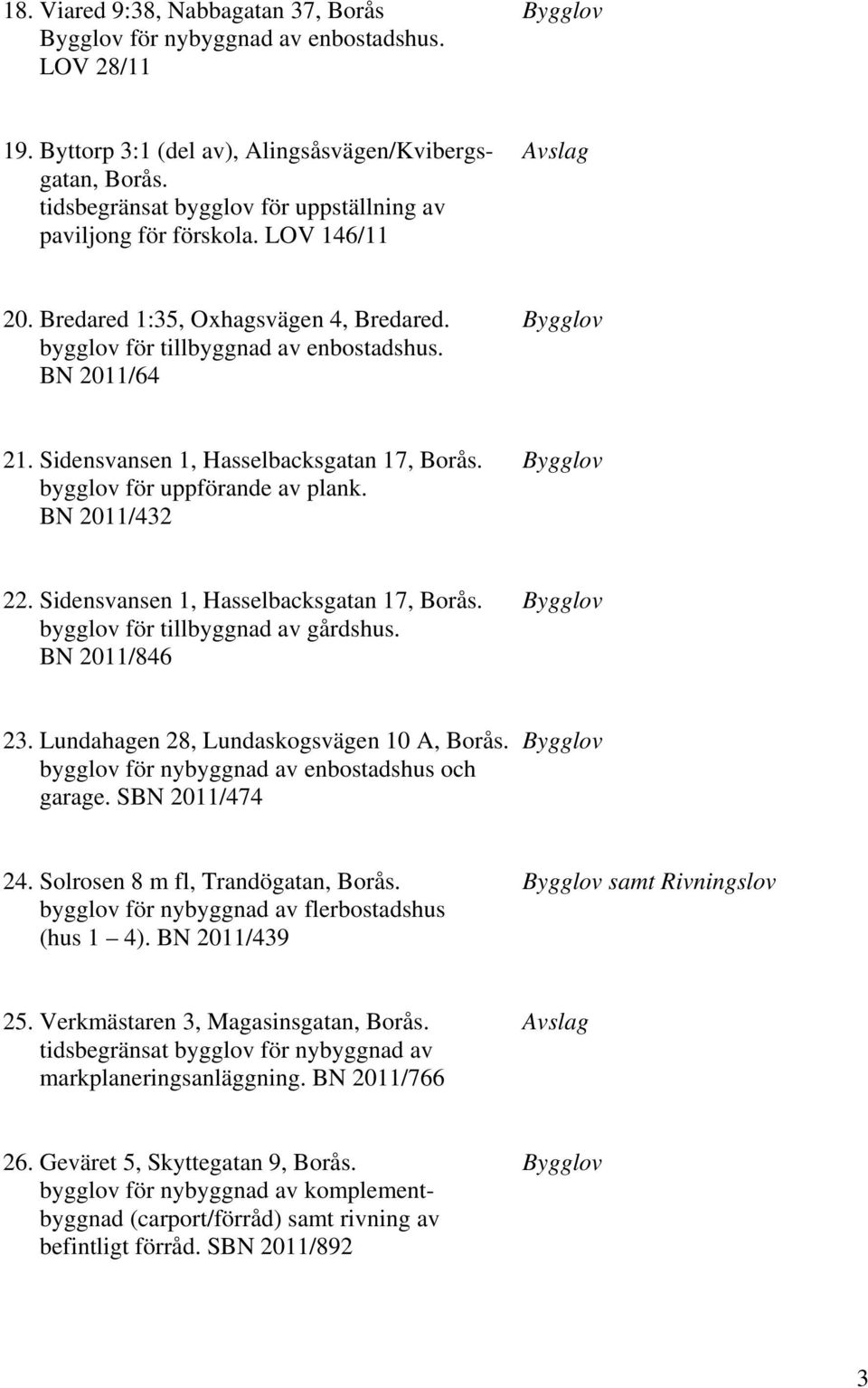 Sidensvansen 1, Hasselbacksgatan 17, Borås. Bygglov bygglov för uppförande av plank. BN 2011/432 22. Sidensvansen 1, Hasselbacksgatan 17, Borås. Bygglov bygglov för tillbyggnad av gårdshus.