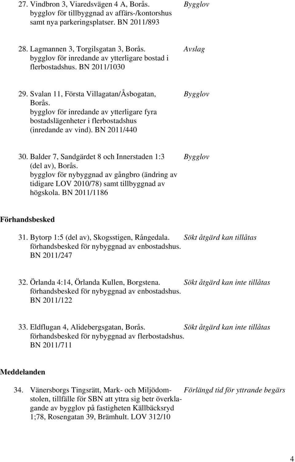 bygglov för inredande av ytterligare fyra bostadslägenheter i flerbostadshus (inredande av vind). BN 2011/440 30. Balder 7, Sandgärdet 8 och Innerstaden 1:3 Bygglov (del av), Borås.