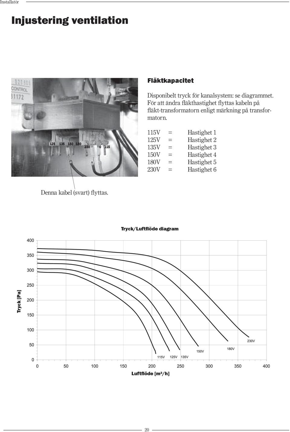 För att ändra fläkthastighet flyttas kabeln på fläkt-transformatorn enligt märkning på transformatorn.