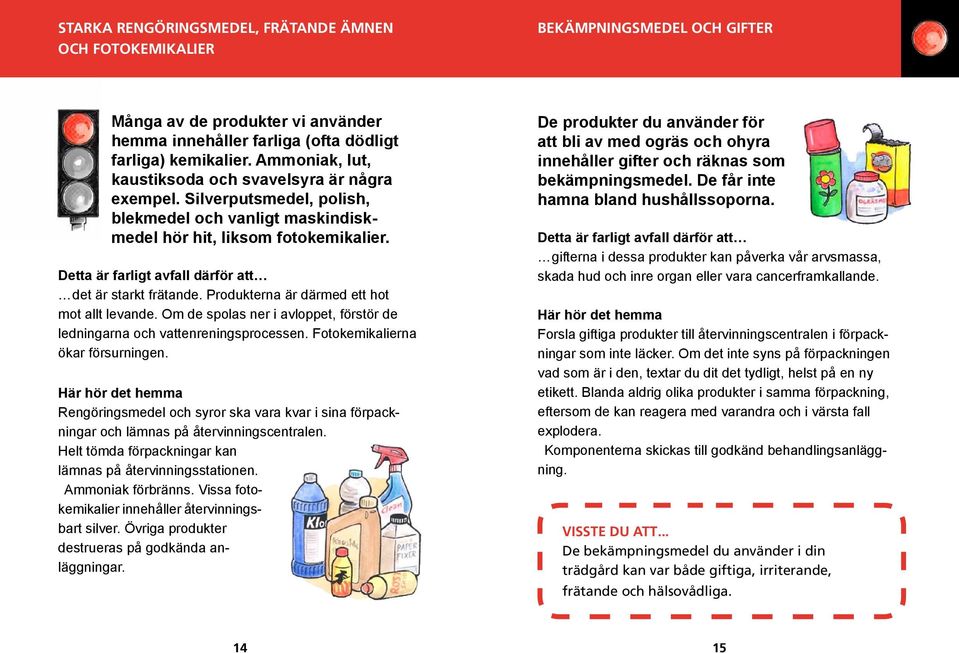 Produkterna är därmed ett hot mot allt levande. Om de spolas ner i avloppet, förstör de ledningarna och vattenreningsprocessen. Fotokemikalierna ökar försurningen.