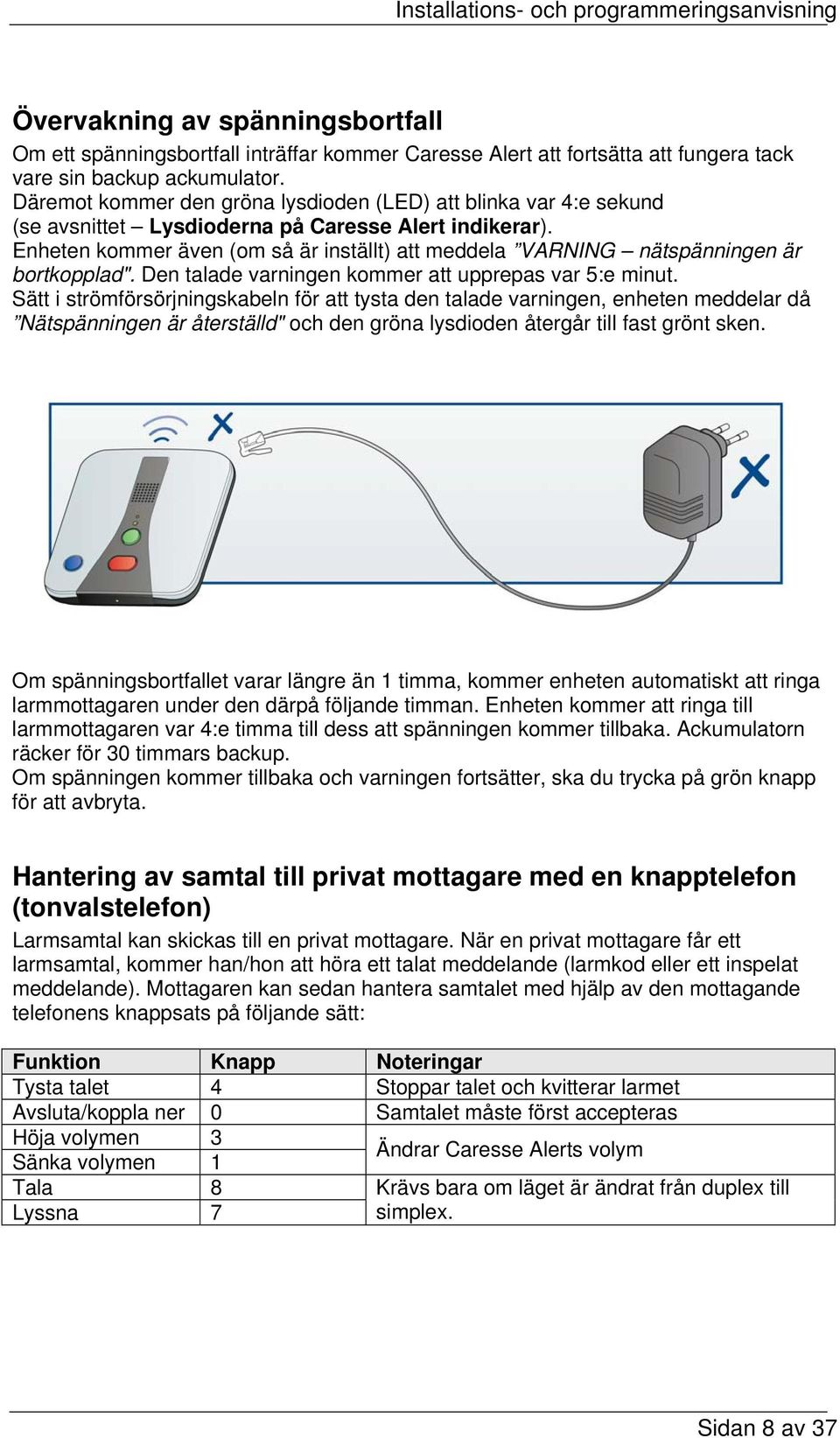 Enheten kommer även (om så är inställt) att meddela VARNING nätspänningen är bortkopplad". Den talade varningen kommer att upprepas var 5:e minut.