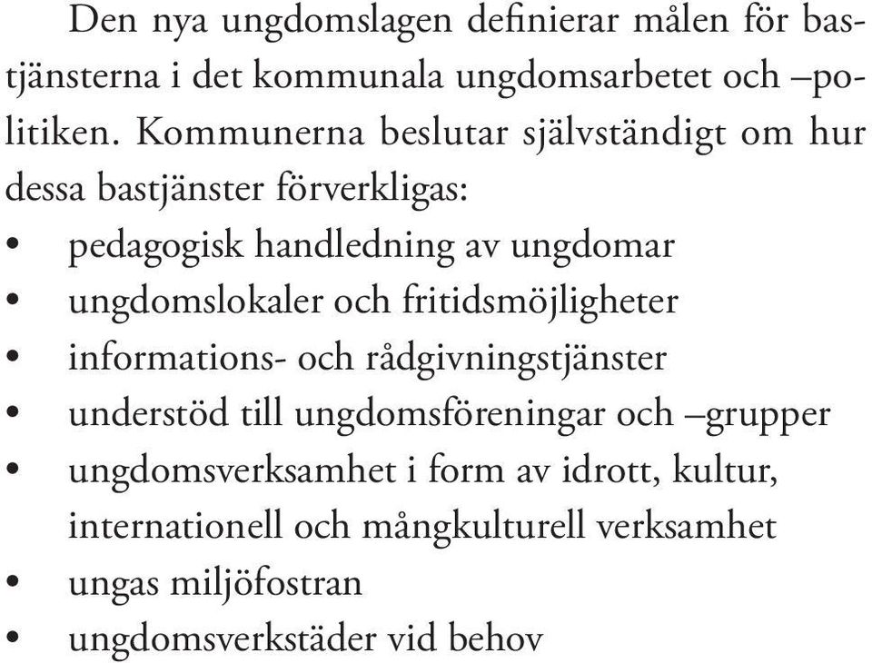 ungdomslokaler och fritidsmöjligheter informations- och rådgivningstjänster understöd till ungdomsföreningar och