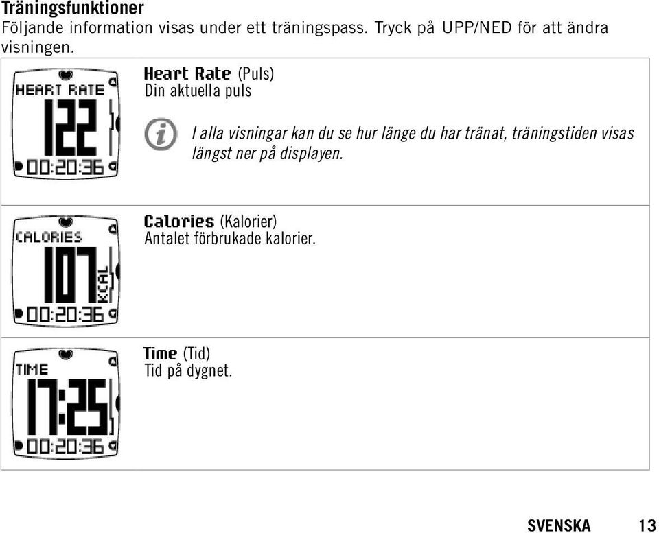 Heart Rate (Puls) Din aktuella puls I alla visningar kan du se hur länge du har