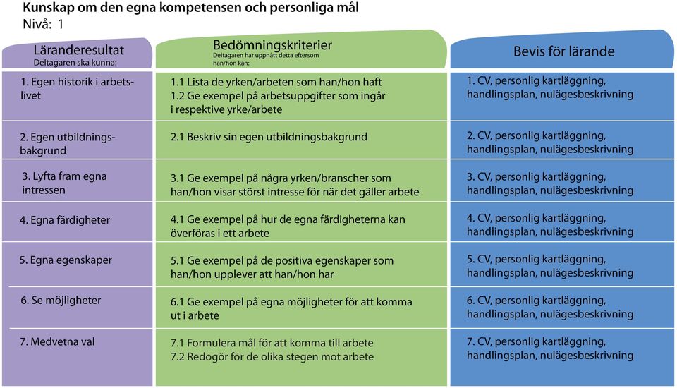 2 Ge exempel på arbetsuppgifter som ingår i respektive yrke/arbete Bevis för lärande 1. CV, personlig kartläggning, handlingsplan, nulägesbeskrivning 2. Egen utbildningsbakgrund 3.