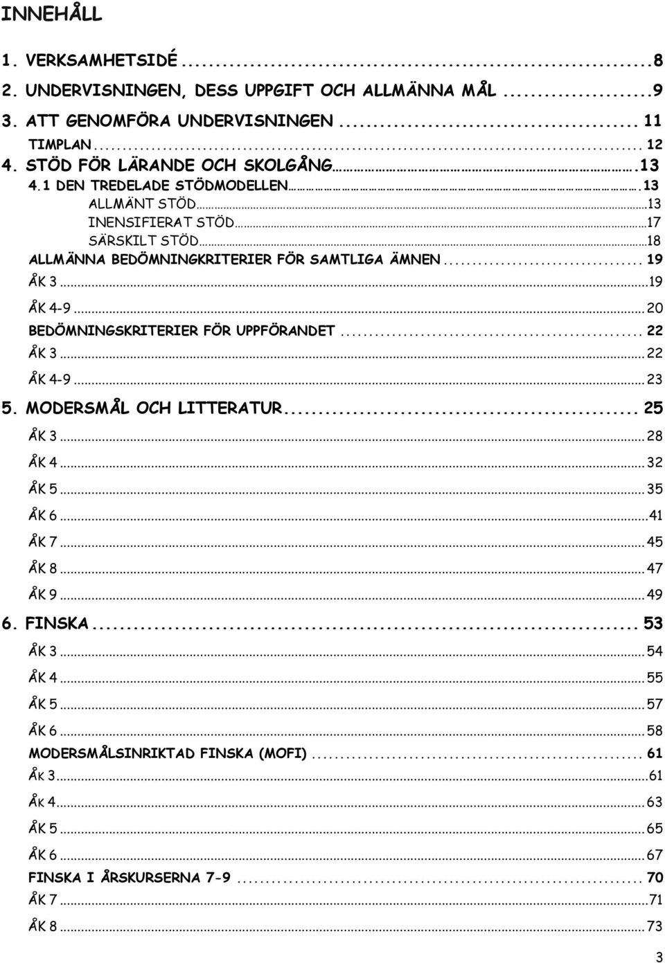 .. 20 BEDÖMNINGSKRITERIER FÖR UPPFÖRANDET... 22 ÅK 3... 22 ÅK 4-9... 23 5. MODERSMÅL OCH LITTERATUR... 25 ÅK 3... 28 ÅK 4... 32 ÅK 5... 35 ÅK 6... 41 ÅK 7... 45 ÅK 8... 47 ÅK 9.