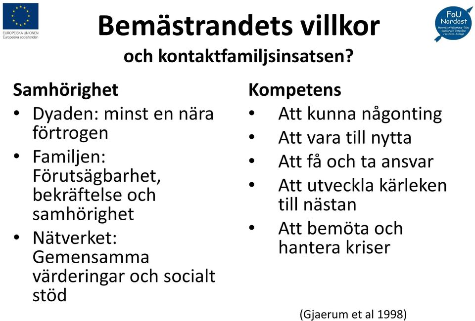 samhörighet Nätverket: Gemensamma värderingar och socialt stöd Kompetens Att kunna