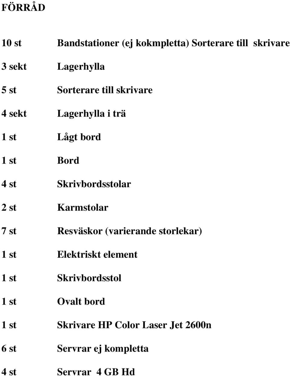 2 st Karmstolar 7 st Resväskor (varierande storlekar) 1 st Elektriskt element 1 st