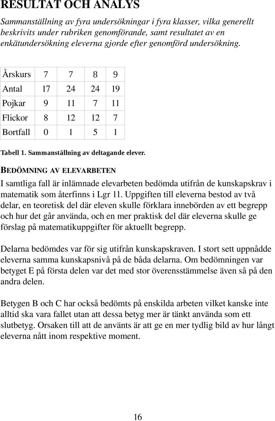 BEDÖMNING AV ELEVARBETEN I samtliga fall är inlämnade elevarbeten bedömda utifrån de kunskapskrav i matematik som återfinns i Lgr 11.