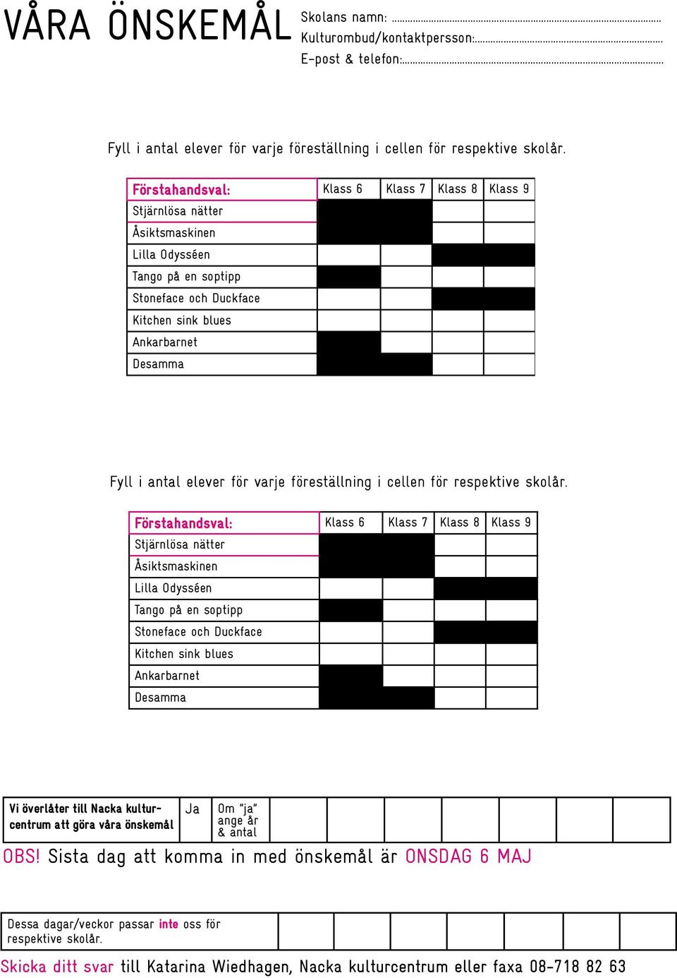 Desamma Fyll i antal elever för varje föreställning i cellen för respektive skolår.  Desamma Vi överlåter till Nacka kulturcentrum att göra våra önskemål Ja Om ja ange år & antal OBS!