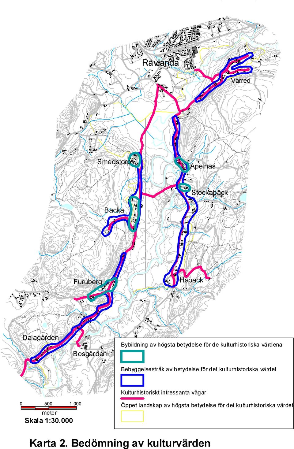 det kulturhistoriska värdet Kulturhistoriskt intressanta vägar 0 500 1 000 meter Skala 1:30.