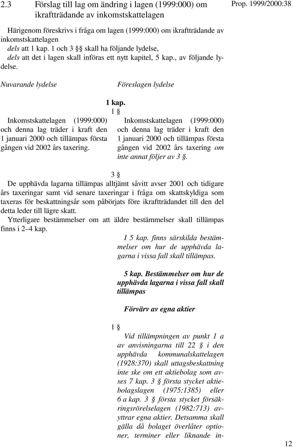 Nuvarande lydelse Föreslagen lydelse Inkomstskattelagen (1999:000) och denna lag träder i kraft den 1 januari 2000 och tillämpas första gången vid 2002 års taxering. 1 kap.