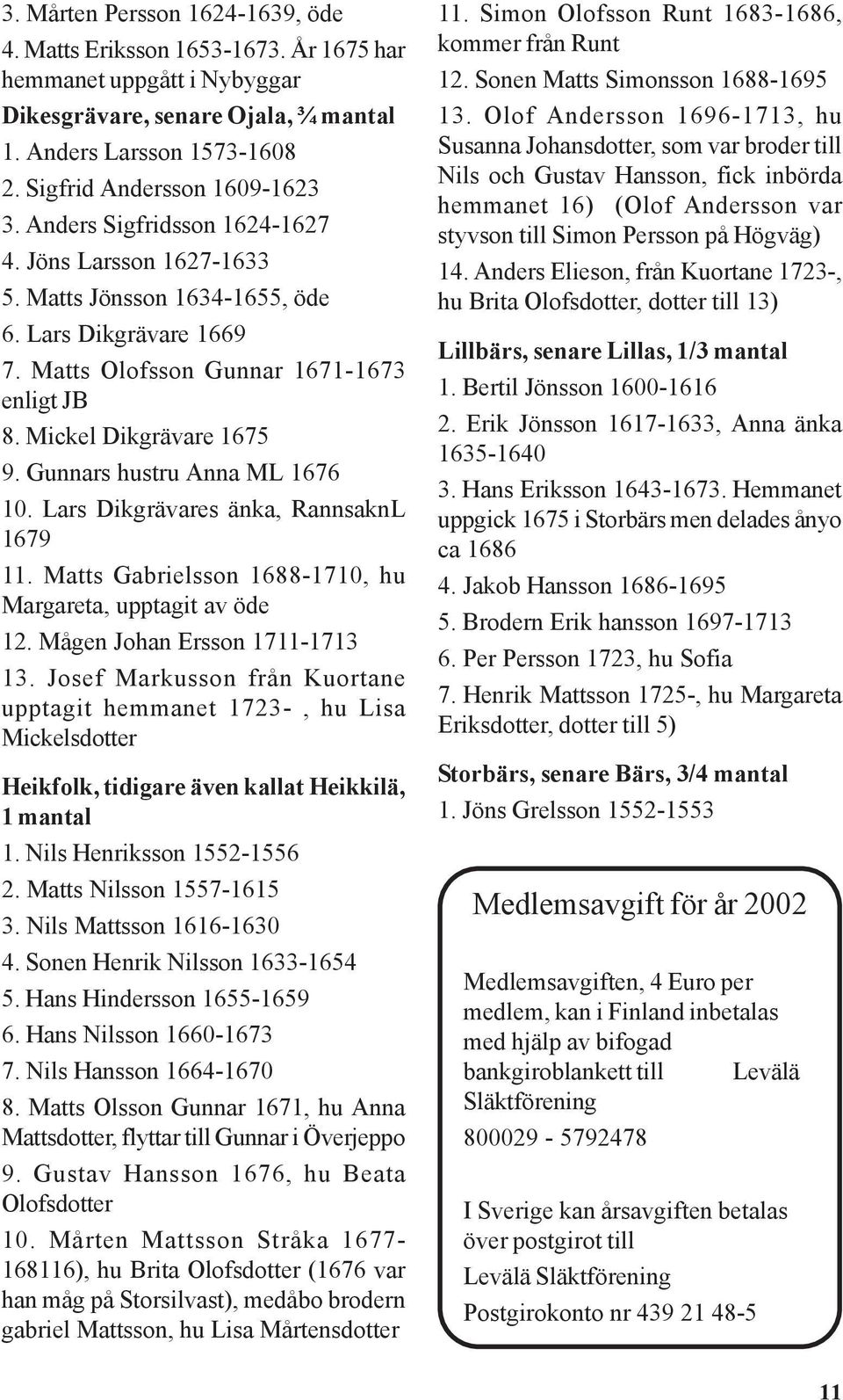 Gunnars hustru Anna ML 1676 10. Lars Dikgrävares änka, RannsaknL 1679 11. Matts Gabrielsson 1688-1710, hu Margareta, upptagit av öde 12. Mågen Johan Ersson 1711-1713 13.