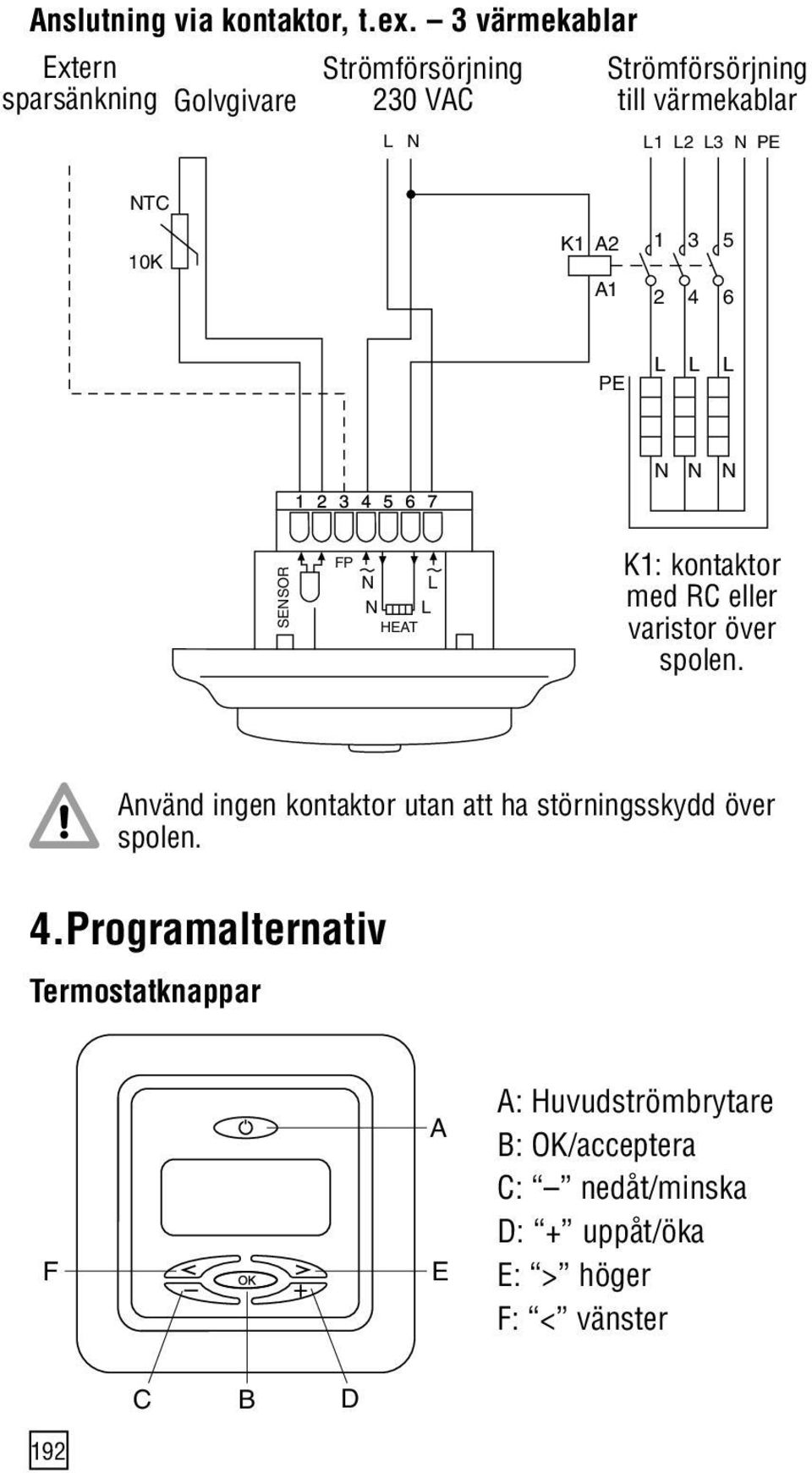 PE NTC 10K K1 A2 A1 1 3 5 2 4 6 PE L L L N N N SENSOR FP N L N L HEAT K1: kontaktor med RC eller varistor över spolen.