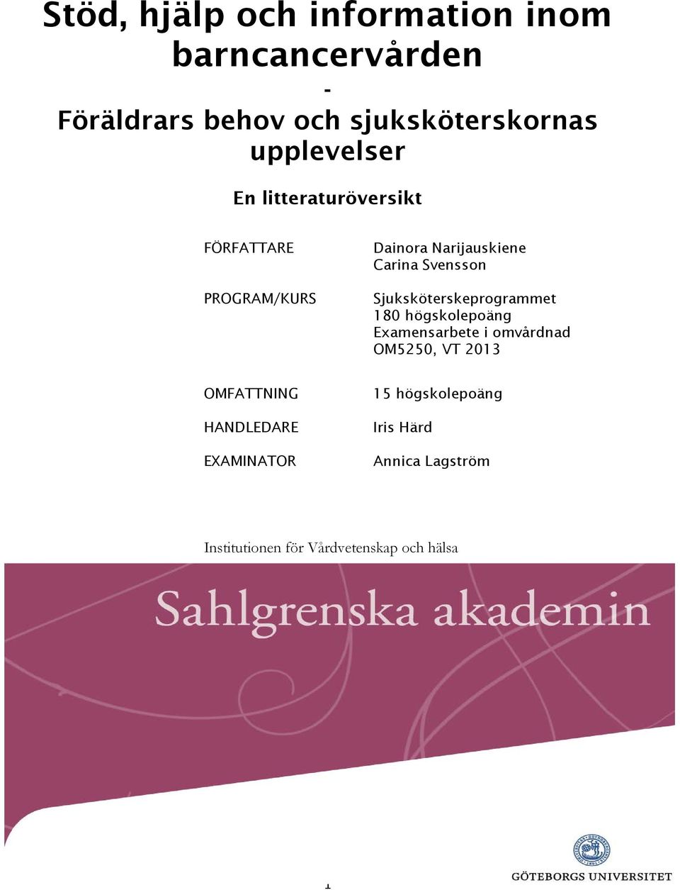 Sjuksköterskeprogrammet 180 högskolepoäng Examensarbete i omvårdnad OM5250, VT 2013 OMFATTNING