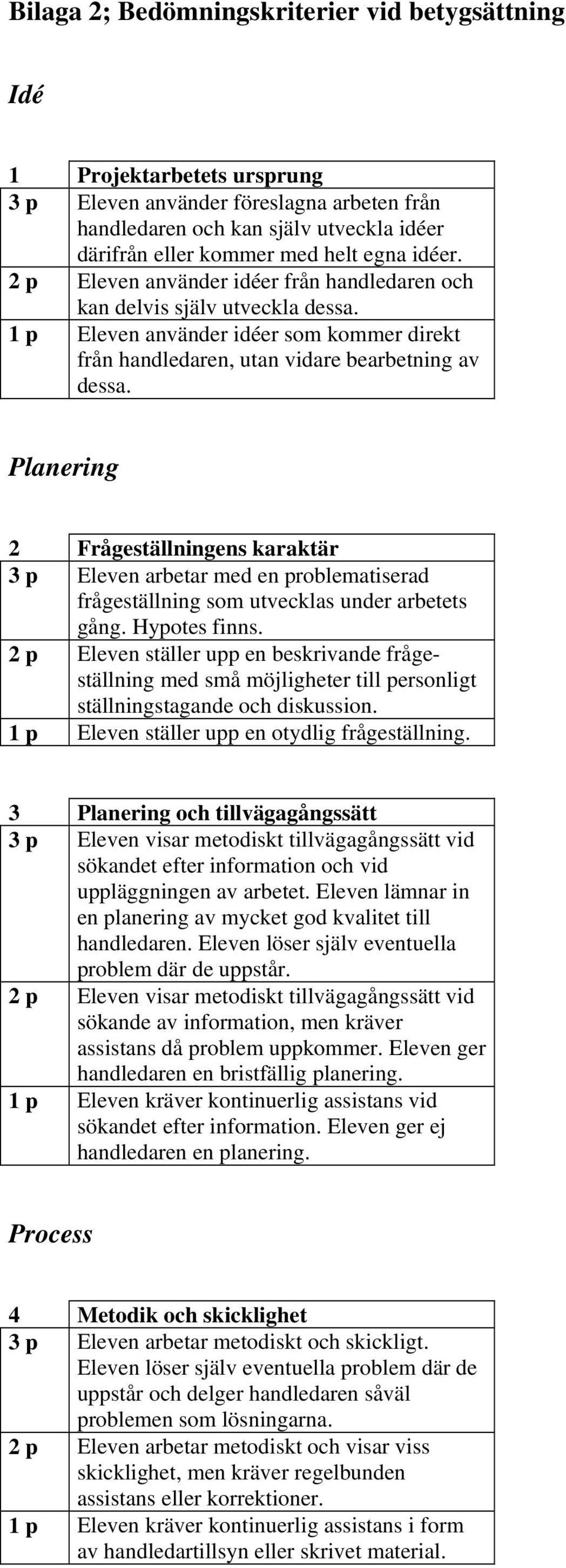 Planering 2 Frågeställningens karaktär 3 p Eleven arbetar med en problematiserad frågeställning som utvecklas under arbetets gång. Hypotes finns.