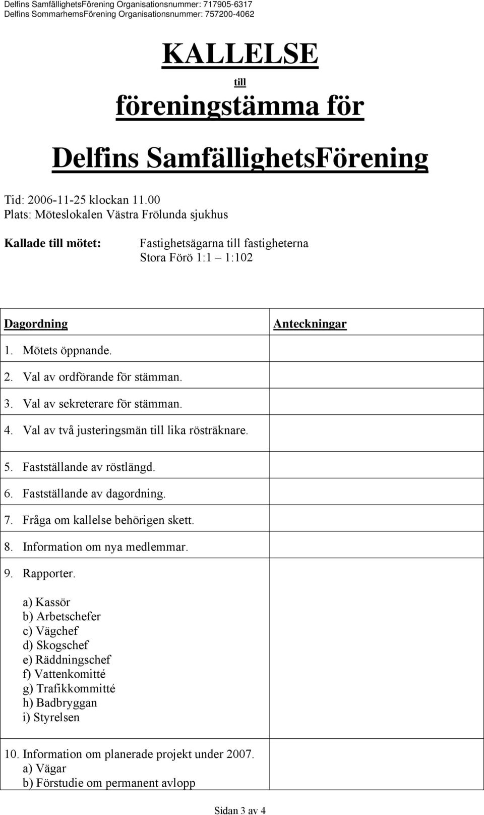 Val av ordförande för stämman. 3. Val av sekreterare för stämman. 4. Val av två justeringsmän till lika rösträknare. 5. Fastställande av röstlängd. 6. Fastställande av dagordning. 7.