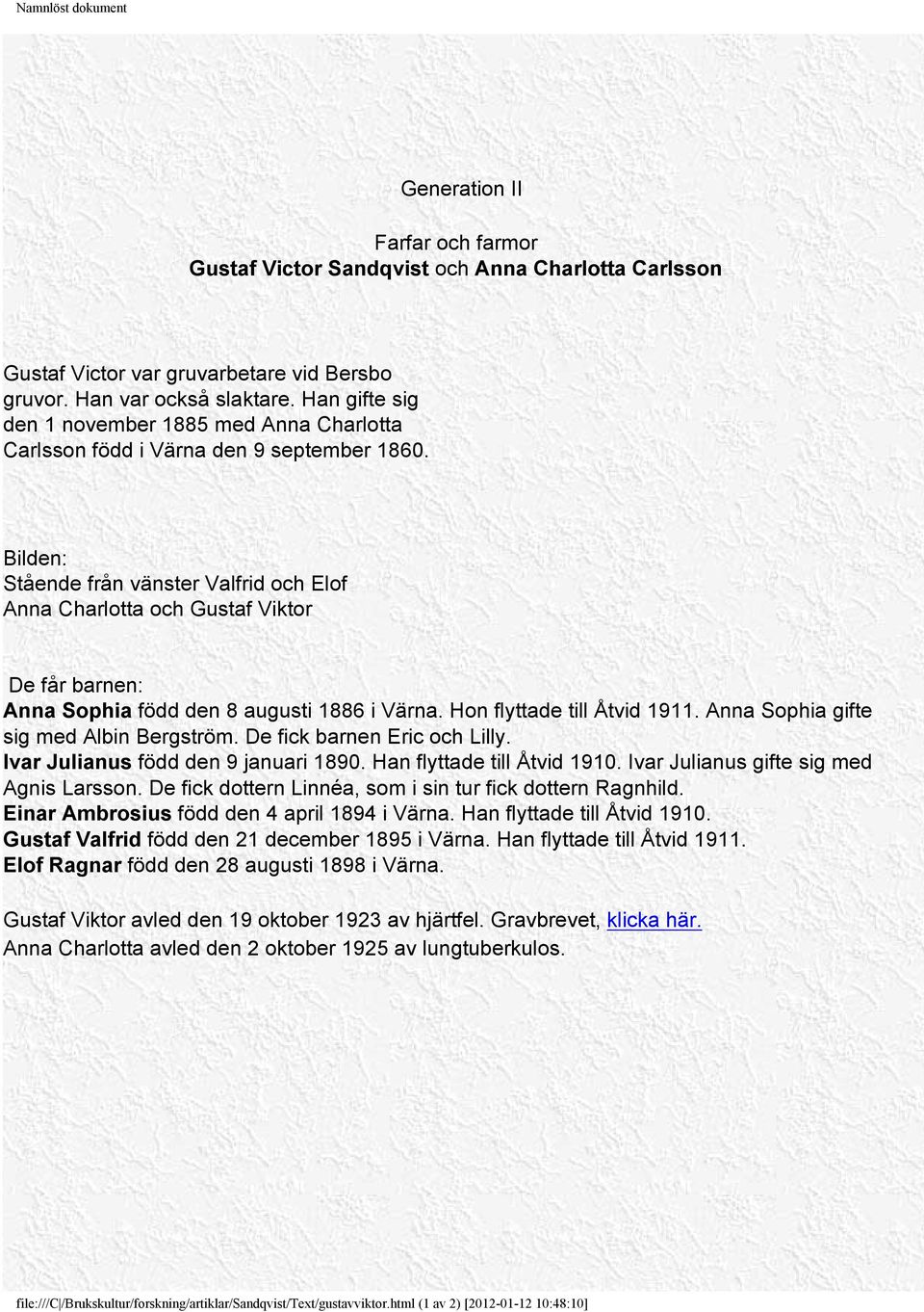 Bilden: Stående från vänster Valfrid och Elof Anna Charlotta och Gustaf Viktor De får barnen: Anna Sophia född den 8 augusti 1886 i Värna. Hon flyttade till Åtvid 1911.