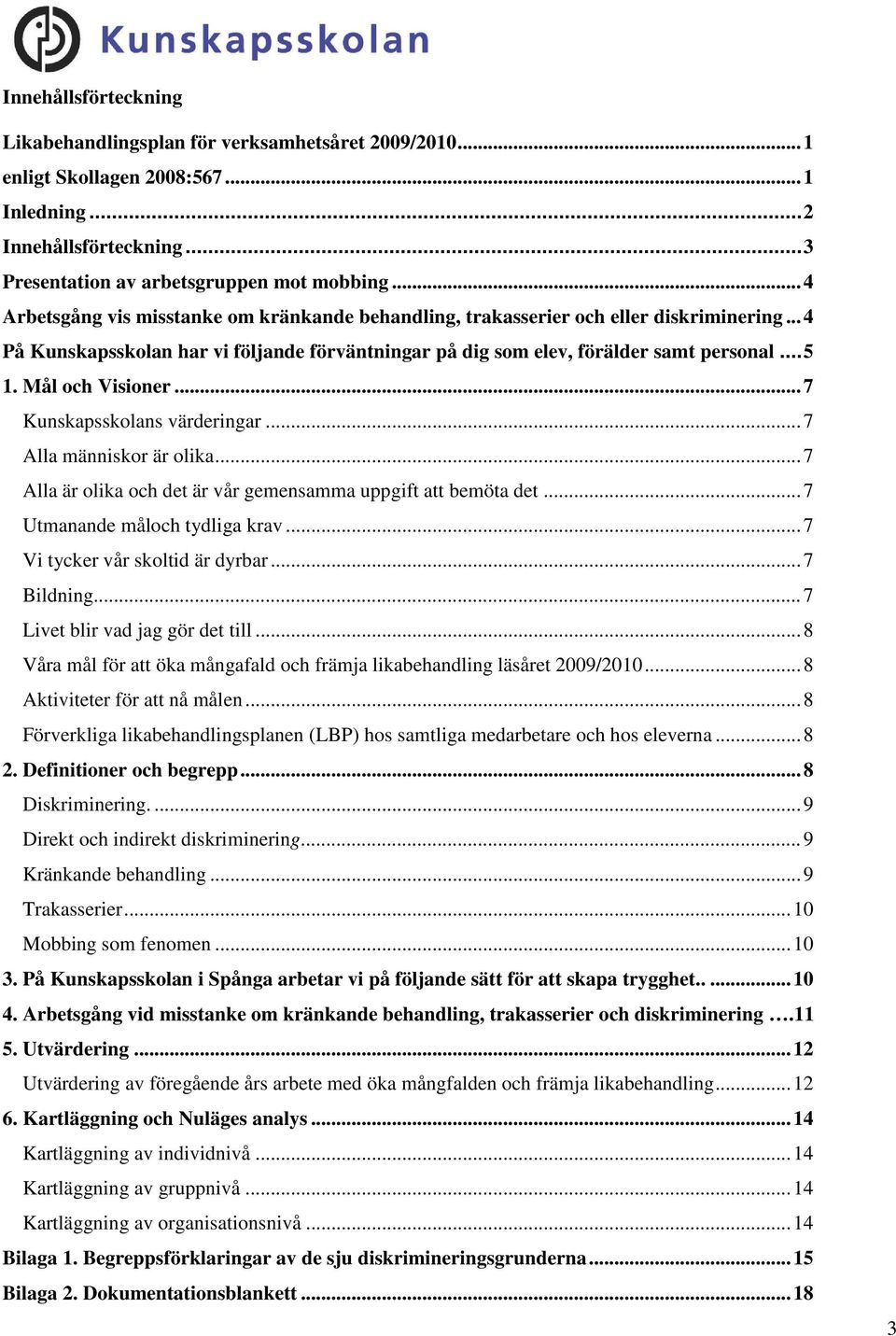 Mål och Visioner... 7 Kunskapsskolans värderingar... 7 Alla människor är olika... 7 Alla är olika och det är vår gemensamma uppgift att bemöta det... 7 Utmanande måloch tydliga krav.