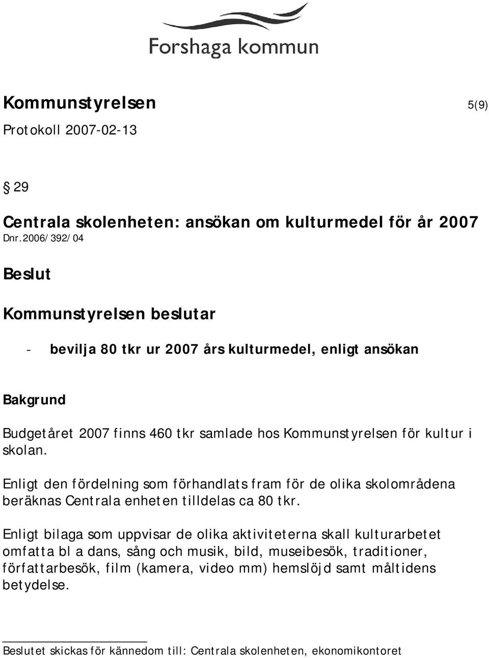 Enligt den fördelning som förhandlats fram för de olika skolområdena beräknas Centrala enheten tilldelas ca 80 tkr.