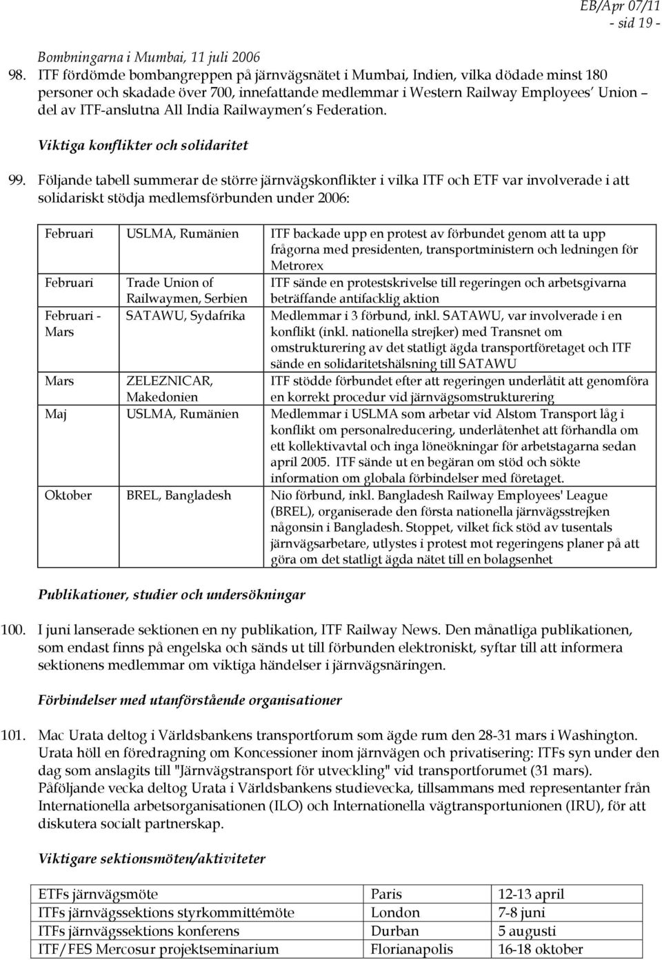 India Railwaymen s Federation. Viktiga konflikter och solidaritet 99.