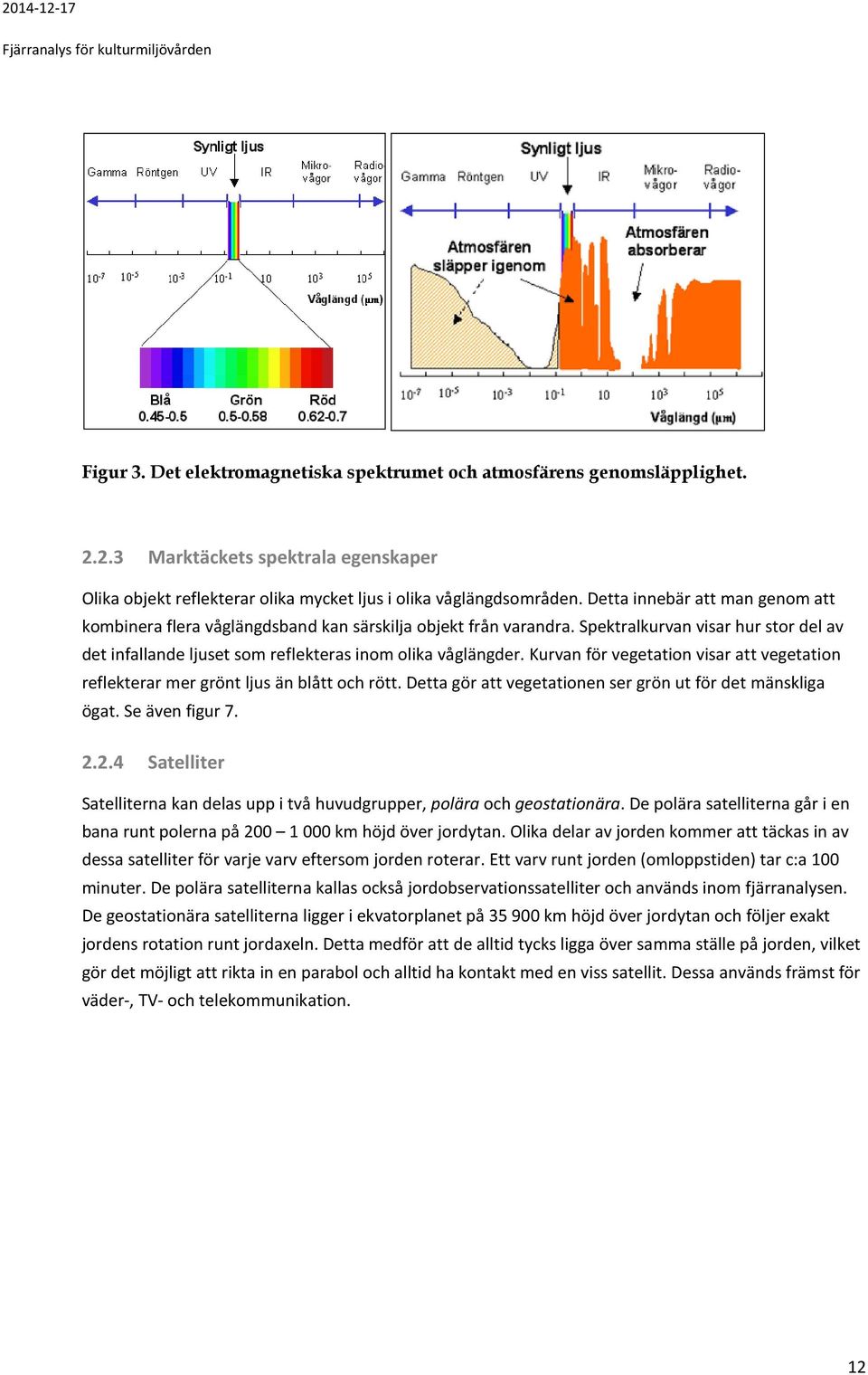 Kurvan för vegetation visar att vegetation reflekterar mer grönt ljus än blått och rött. Detta gör att vegetationen ser grön ut för det mänskliga ögat. Se även figur 7. 2.