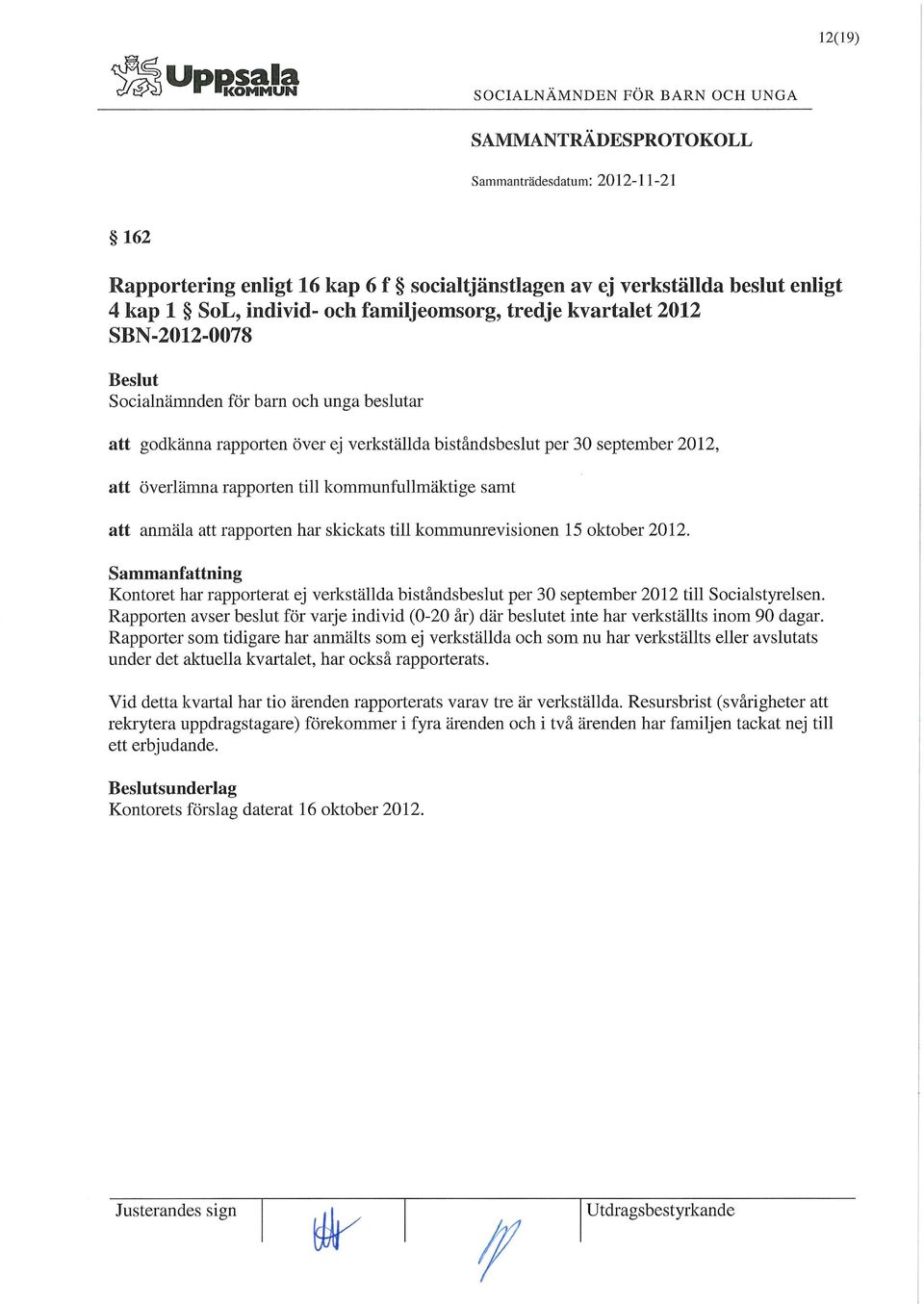 kommunrevisionen 15 oktober 2012. Sammanfattning Kontoret har rapporterat ej verkställda biståndsbeslut per 30 september 2012 till Socialstyrelsen.