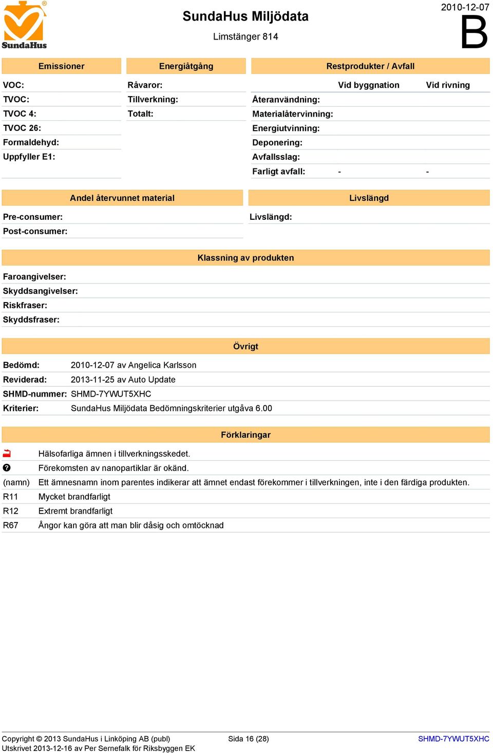 produkten Faroangivelser: Skyddsangivelser: Riskfraser: Skyddsfraser: Övrigt Bedömd: 2010-12-07 av Angelica Karlsson Reviderad: 2013-11-25 av Auto Update SHMD-nummer: SHMD-7YWUT5XHC Kriterier: