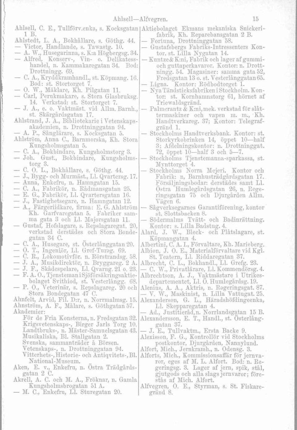 Stora Glasbruksg. 14. Verlist,ad: st. Stortorget 7. - J. A., e. o. Vaktmast. vid hlliri. Earnh., st. Skargårclsgatan 17. dhlstrand, J. A., Bibliotekarie i Vetenskaps- aliademieii, n.