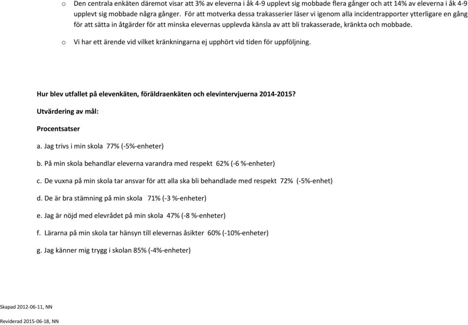 mobbade. o Vi har ett ärende vid vilket kränkninna ej upphört vid tiden för uppföljning. Hur blev utfallet på elevenkäten, föräldraenkäten och elevintervjuerna 2014-2015?