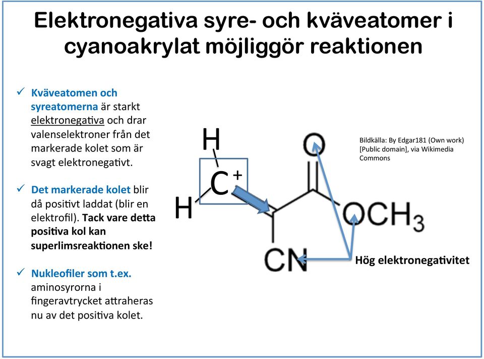 ü Det markerade kolet blir då posi9vt laddat (blir en elektrofil). Tack vare de9a posi6va kol kan superlimsreak6onen ske!