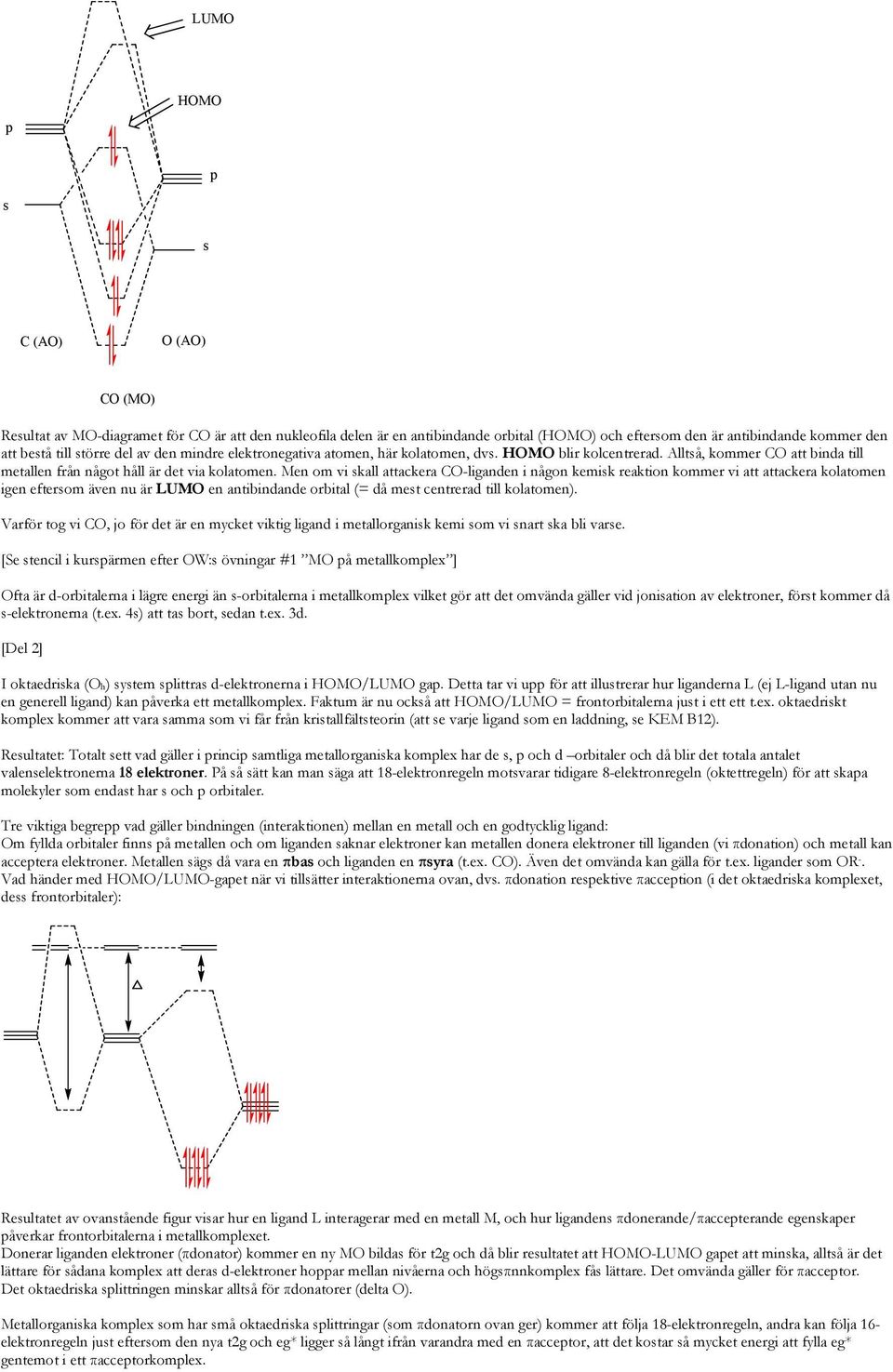 Men om vi skall attackera CO-liganden i någon kemisk reaktion kommer vi att attackera kolatomen igen eftersom även nu är LUMO en antibindande orbital (= då mest centrerad till kolatomen).