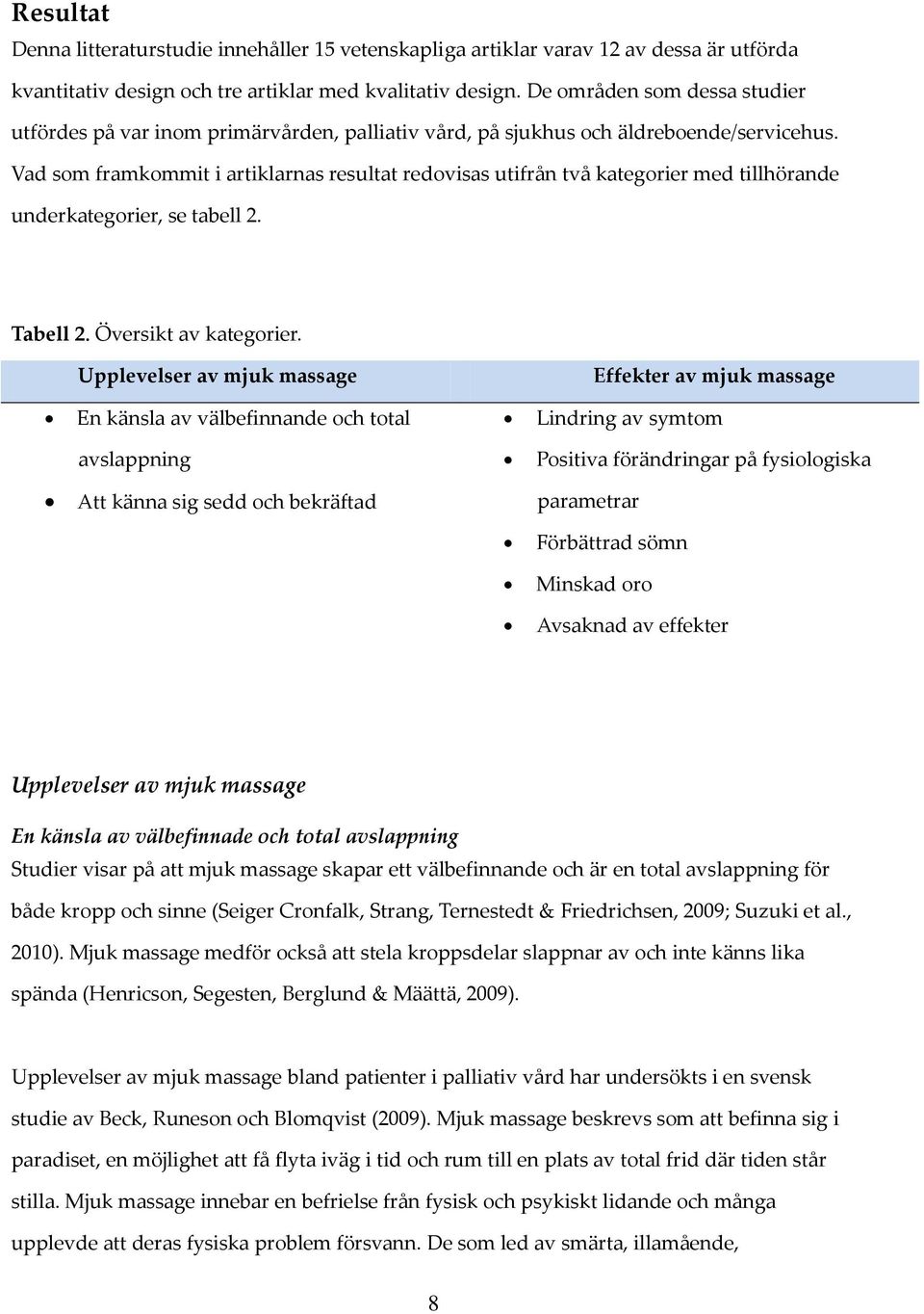 Vad som framkommit i artiklarnas resultat redovisas utifrån två kategorier med tillhörande underkategorier, se tabell 2. Tabell 2. Översikt av kategorier.