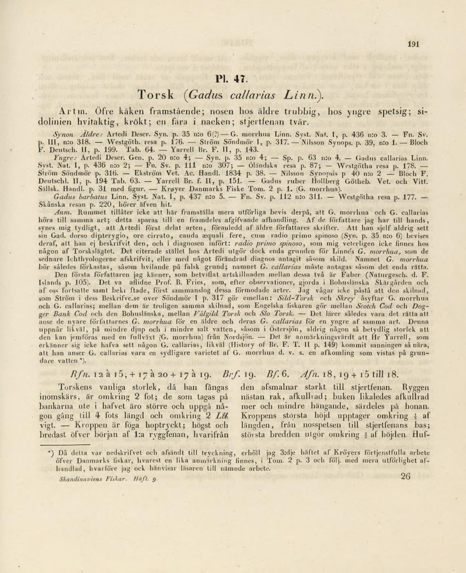 Deutsch. 11, p. 199. Tab. 64. Yarrell lir. F. 11, p. 143. Yngre,: Artedi Descr. Gen. p. 20 n:o 4; Syn. p. 35 n:o 4; Sp. p. 63 n:o 4. (radus callarias Linn. Syst. Nat. I,p. 436 n:o 2; Fn. Sv. p. 11l n:o 307; Ölandska resa p.