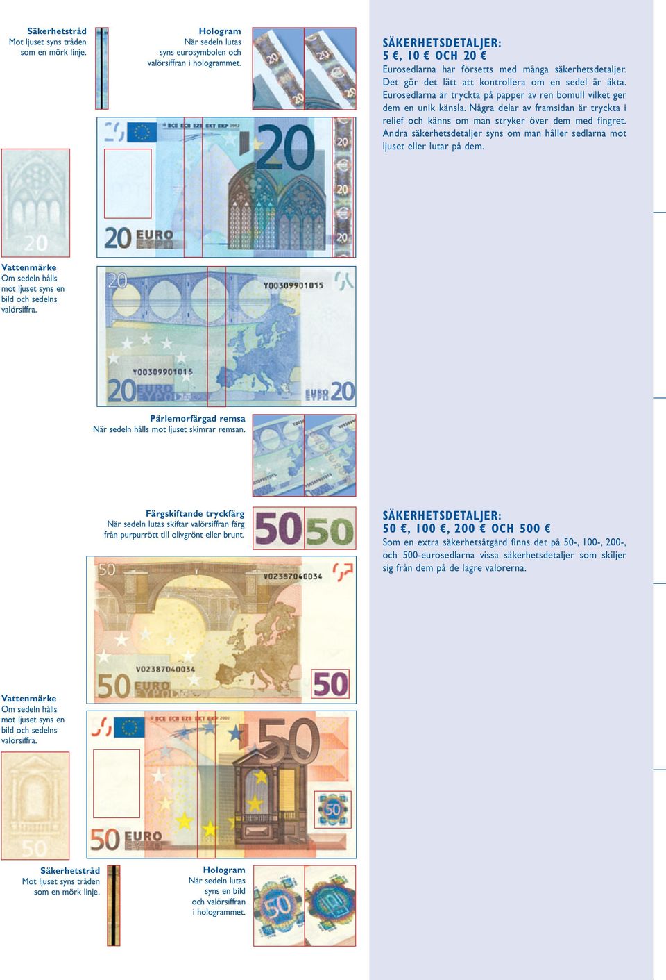 Eurosedlarna är tryckta på papper av ren bomull vilket ger dem en unik känsla. Några delar av framsidan är tryckta i relief och känns om man stryker över dem med fingret.
