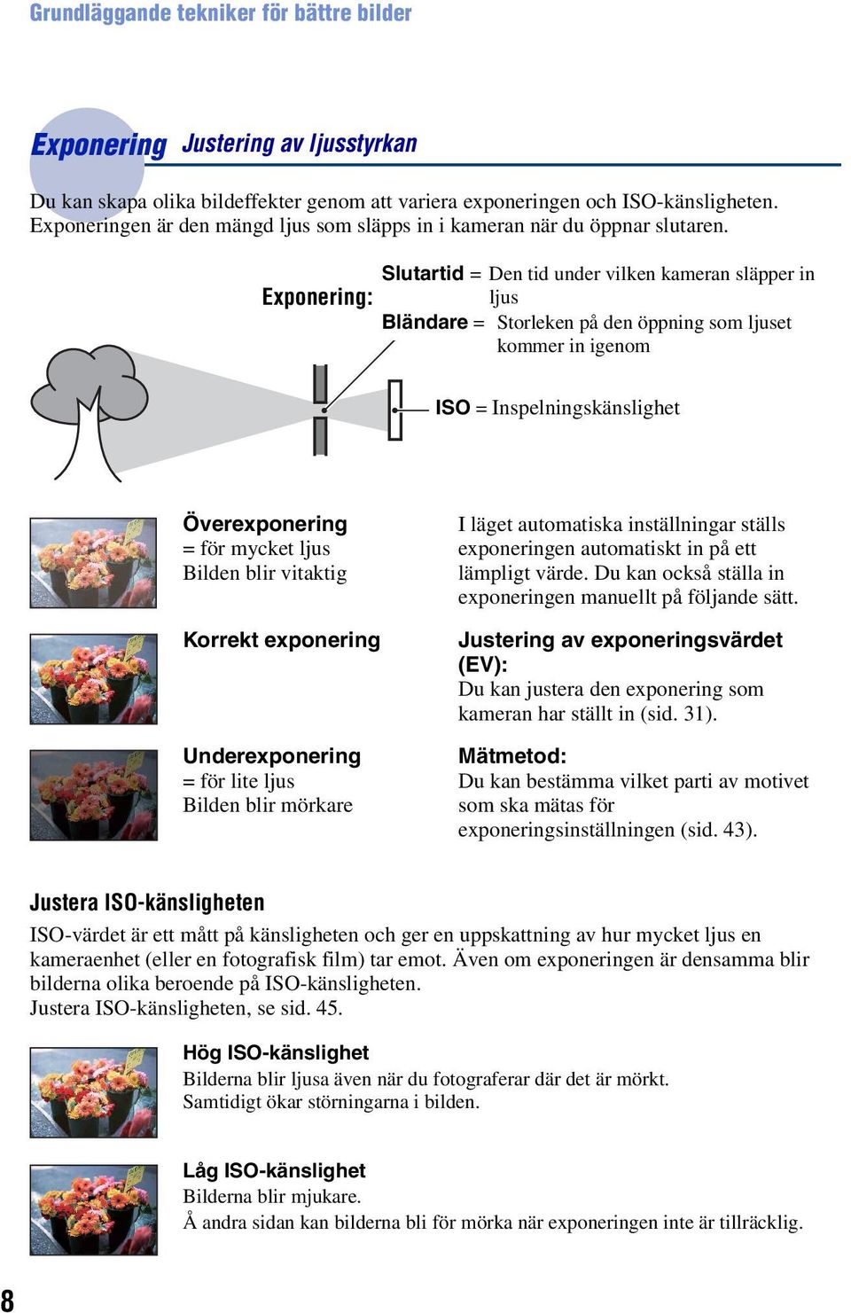 Slutartid = Den tid under vilken kameran släpper in Exponering: ljus Bländare = Storleken på den öppning som ljuset kommer in igenom ISO = Inspelningskänslighet Överexponering = för mycket ljus