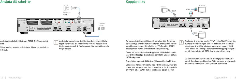 Kontrollera att apparaterna som ska kopplas ihop (tv, hemmabio osv.), är frånkopplade från elnätet innan du börjar koppla. Du kan ansluta boxen till tv:n på tre olika sätt.