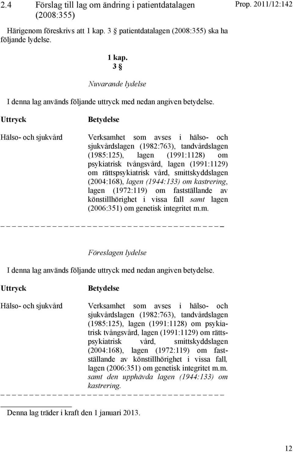 rättspsykiatrisk vård, smittskyddslagen (2004:168), lagen (1944:133) om kastrering, lagen (1972:119) om fastställande av könstillhörighet i vissa fall samt lagen (2006:351) om genetisk integritet m.m. Föreslagen lydelse I denna lag används följande uttryck med nedan angiven betydelse.