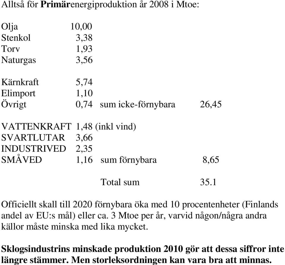 1 Officiellt skall till 2020 förnybara öka med 10 procentenheter (Finlands andel av EU:s mål) eller ca.